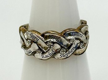 Sterling Braided Ring With Engraved Names 4.48g  Size 7