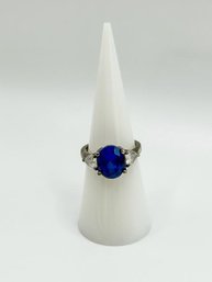 Sterling Ring With Sapphire Colored Rhinestone Solitaire 4.39g  Size 6.5