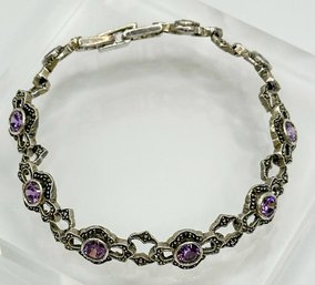 Sterling Bracelet With Purple Rhinestone And Marcasite 17.44g