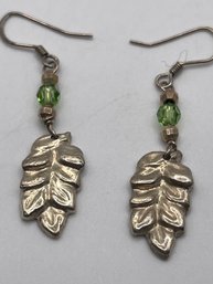 Sterling Dangle Leaf Earrings With Green Beads  4.43g