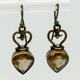 Vintage Sterling Dangle Earrings With Clear Brown Teardrop Stones 3.62g