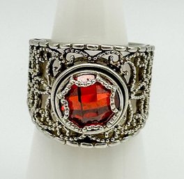 Large Filigree Sterling Ring With Orange Cut Gem 12.66g  Size 7