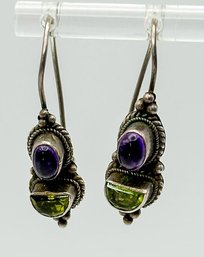 Vintage Sterling Hook Earrings With Purple And Green Stones 3.96g