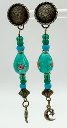 Vintage Sterling Earrings With Turquoise And Glass Beads 9.68g