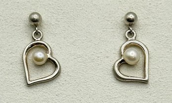 Sterling Heart Earrings With Pearls 2.18g