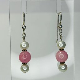 Sterling Silver Hook Back Earrings With Pearl And Pink Stone Design 3.78 G