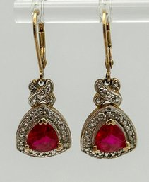 Gold Toned Sterling Earrings With Triangle Red Rhinestones 5.11g