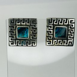 Sterling Silver Fashion Earrings With Iridescent Blue Stone Pushbacks 8.65 G