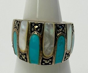 Large Sterling Ring With Turquoise And Opalescent Inlay 7.93g  Size 6.5