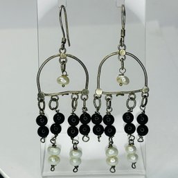 Sterling Silver Dangle Earrings With Pearl And Black Stones 6.84 G