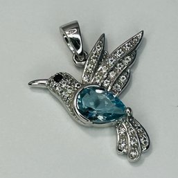 BBJ Sterling, Silver Hummingbird Pendant With Cluster Clear Stones And Aquamarine Stone 2.94 G