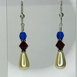 Sterling Silver Hook Back Dangle Earrings With Pearl And Colored Stones 3.03 G