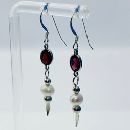 Sterling Silver Hook Back Dangle Earrings With Pearl And Silver Balls, 1.98 G