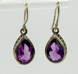 Sterling Teardrop Earrings With Purple Rhinestone 4.85g
