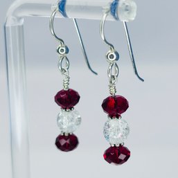 Sterling Silver Dangle Earrings With Red And Clear Beads 2.29 G