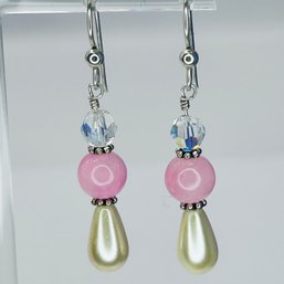 Sterling Silver Hook Back Dangle Earrings With Gold Coloring And Beads, 4.70 G