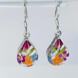 Sterling Silver Teardrop Dangle Earrings With Encased Dried Flowers, 2.17 G