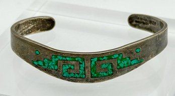MEXICO Sterling Cuff Bracelet With Aztec Patterned Crushed Green Stone 22.28g