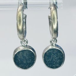 Sterling Silver Signed Designer Earrings Black Stone In Bezel Setting 9.03 G