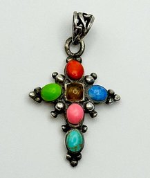 THAI Sterling Cross Pendant With Multi-colored Stones 2.45g