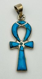 Sterling Ankh Pendant With Turquoise 2.82g