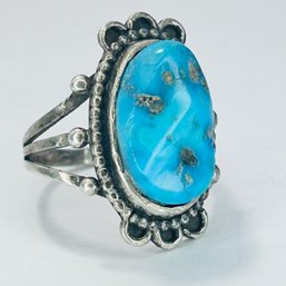 Sterling Silver Signed Navajo Turquoise Stone Ring Size 6, 5.37
