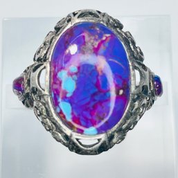 Thailand, NK Sterling Silver Signature Ring With Gold Coloring, Beautiful Purple Stone Size 7.5, 6.01 G