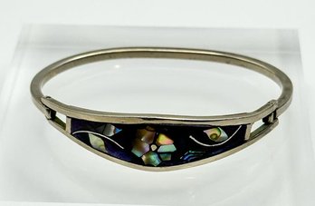 MEXICO Sterling Bangle Bracelet With Floral Inlay And Tension Clasp 15.44g