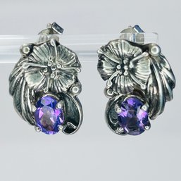 Carol Felley Sterling Silver Amethyst Stone Earrings 1994 Vintage 5.78 G