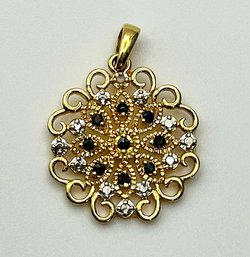 Ornate Filigree Gold Toned Sterling Pendant With Rhinestones- Signed 1.45g