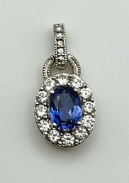 Blue Oval Stone Pendant Set In Sterling With Rhinestones 1.74g