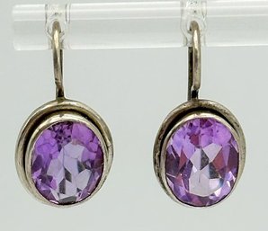 Sterling Hook Earrings With Large Purple Cut Rhinestones 3.28g