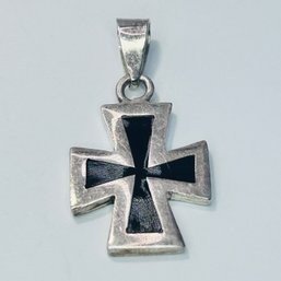 Mexico Sterling Silver, Large Cross Pendant, Inset Black Stone, 8.75 G