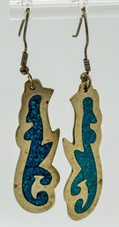ALPACA MEXICO Large Dangle Earrings- Modern Design With Crushed Turquoise Inlay 6.12g