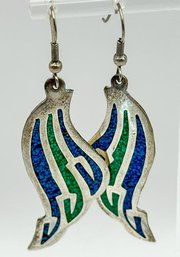 ALPACA MEXICO Modern Wave Earrings With Crushed Stone Inlay- Blue/green 5.85g