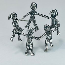 Mexico, Sterling, Silver Brooch, Children Holding Hands 7.58 G