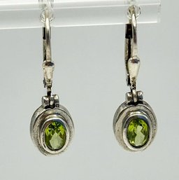 Sterling Dangle Earrings With Light Green Stones 2.65g