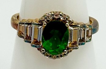 Gold Toned Sterling Ring With Green Solitaire 3.52g  Size 7.5