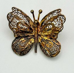 Gold Toned Sterling Butterfly Brooch- Ornate And Delicate 3.65g