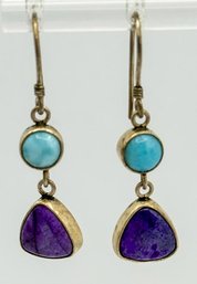 Sterling Dangle Earrings With Purple Triangle Stone And Blue Stone 3.33g