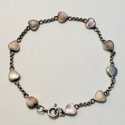 Sterling Silver Chain Bracelet With Iridescent Heart Stones 4.40 G