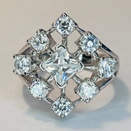 China Sterling Silver Statement Ring With Brilliant Clear Stones Size 7.5, 8.23 G