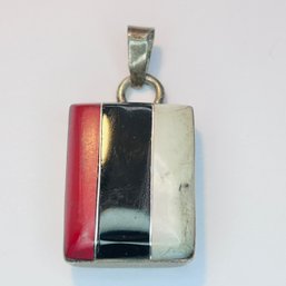 Sterling Silver Rectangle Red, Black White Stone Pendant 12.09 G