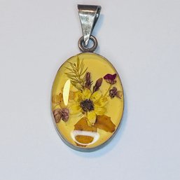 Sterling Silver Oval Pendant With Real Dried Flowers, 3.28 G