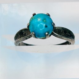 Sterling Silver Band With Circular Turquoise Stone In Prong Setting Unknown Mark Size 5.5, 2.45 G