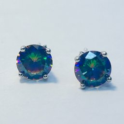 Sterling Silver Stud Earrings With Iridescent Stone, 1.63 G