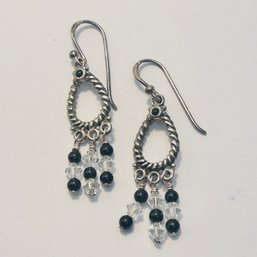 BARSE Sterling Silver Dangle Earrings, Oval Twist And Black And Clear Beads  5.45 G