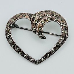 Sterling Silver MARCASITE Heart Brooch 5.61 G