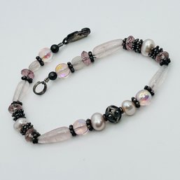 Sterling Of Pink Pearl And Gemstone Silver Bead Bracelet 10.48 G