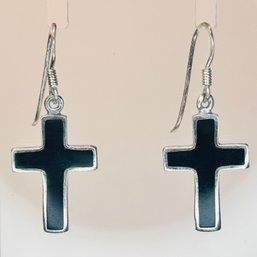 SE Sterling Silver Cross Earrings Black Stone Cross Enclosed In Silver 2.8 G